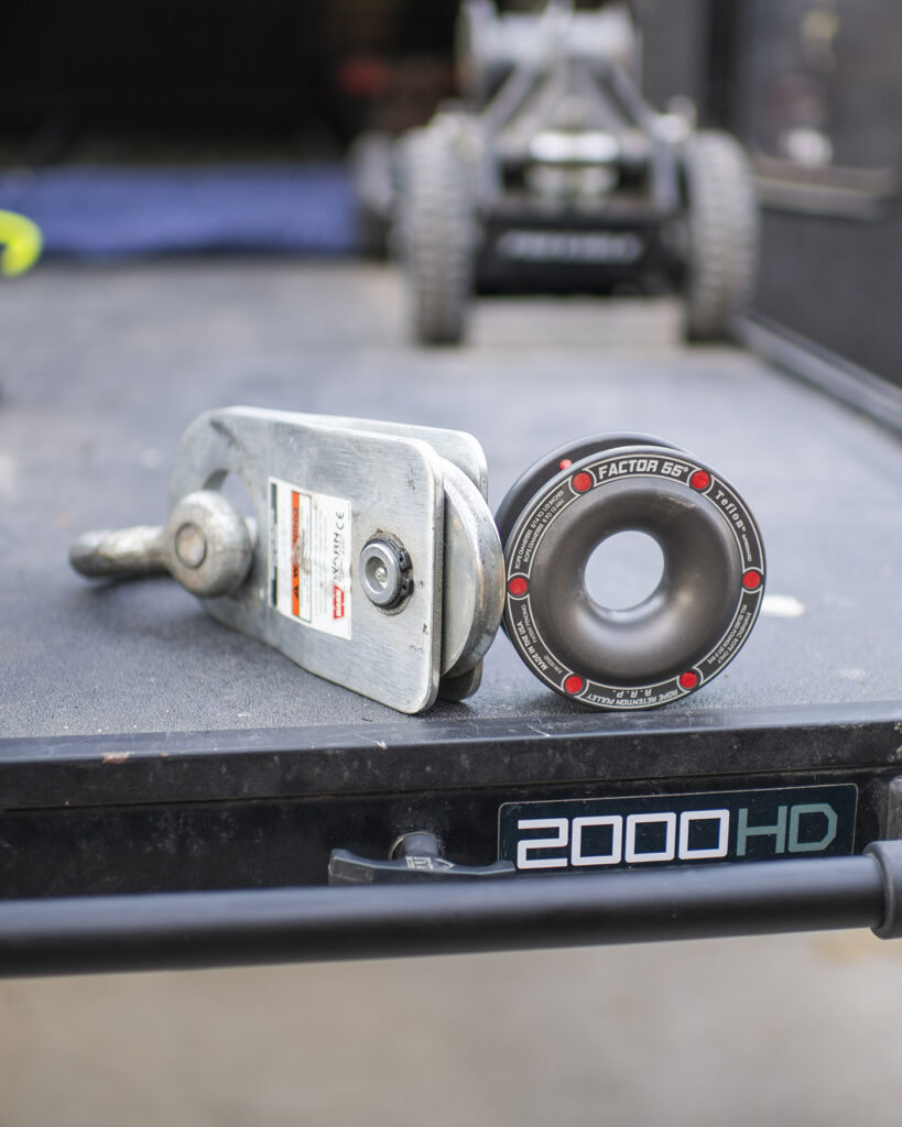 Factor 55 rope retention pully and Warn snatch block on a BEDSLIDE