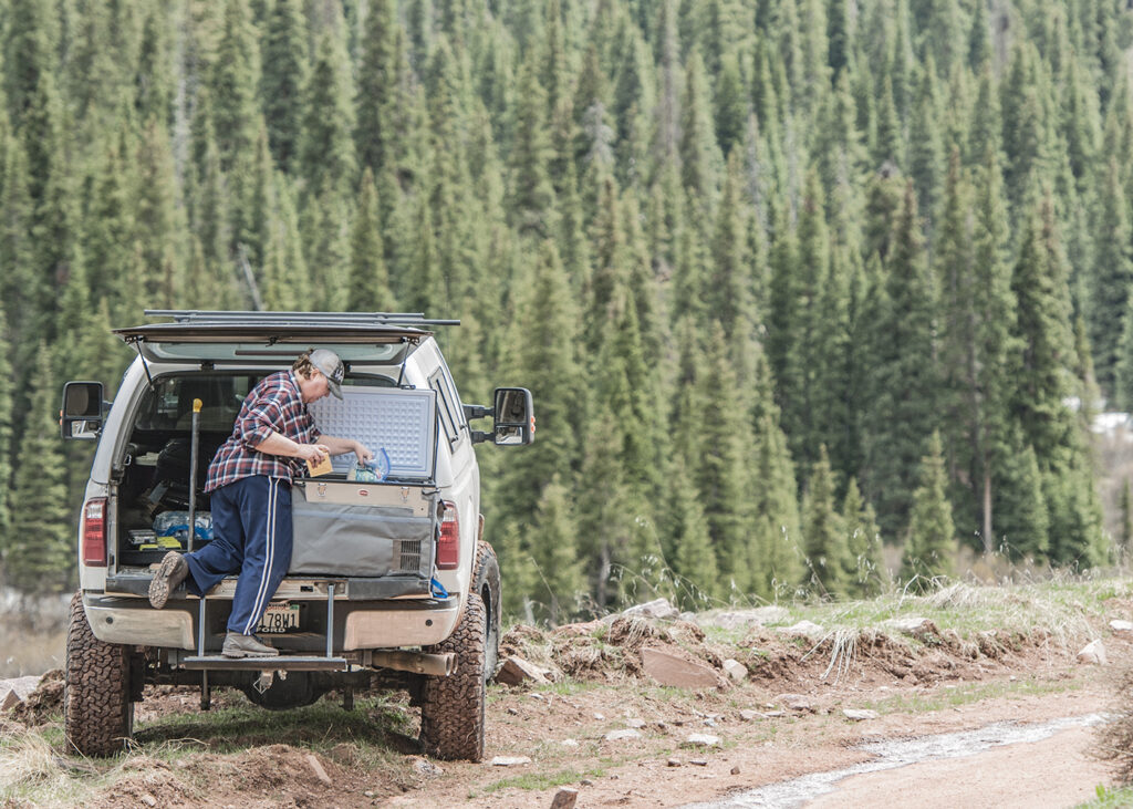 Accessing gear in your diesel truck while overlanding with SnoMaster fridge